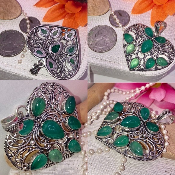 Gorgeous Green Onyx Gemstone Handmade Filigree Heart Pendant - Picture 2 of 3